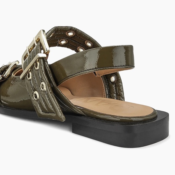 GANNI Buckle Ballerina Flats Slingbacks Sandals Military Olive BRAND NEW w/ Box - Picture 4 of 10